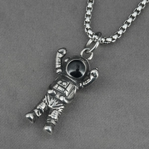 Industrial style astronaut pendant necklace in vintage silver with a black box chain