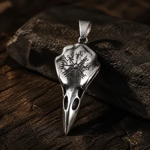 Retro viking bird skull pendant in titanium steel with vegvisir compass engraving