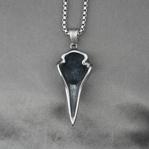 Gothic raven skull pendant necklace in aged stainless steel with metal box chain