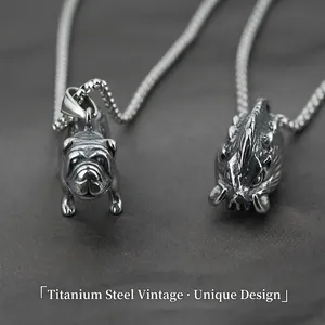 Collier Pendentif Animal En Acier Titane Vintage Pour Hommes Sanglier Bouledogue Rétro Bijoux Punk Gothiques Charme En Métal Vieilli