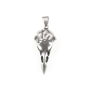 Vintage viking bird skull pendant necklace featuring engraved vegvisir compass symbol