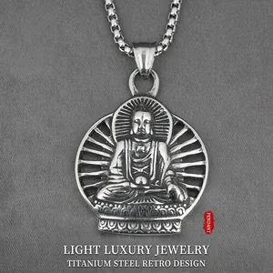 Vintage Titanium Steel Buddha Pendant Necklace For Men Retro Religious Tathagata Relief Antiqued Silver Buddha Jewelry Necklace
