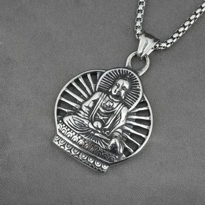 Retro titanium steel Buddha pendant necklace with vintage silver lotus and box chain