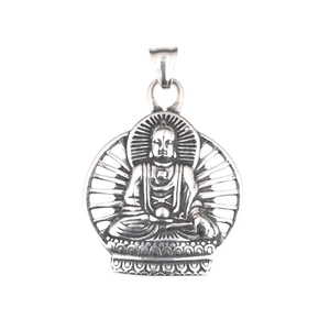 Silver titanium steel Buddha pendant necklace with a detailed Sakyamuni Zen relief