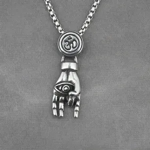 Vintage Titanium Steel Evil Eye Hand Pendant Necklace With Om Symbol Antique Silver Punk Rock Jewelry For Men Women