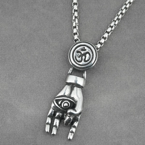 Vintage stainless steel Evil Eye Hamsa hand necklace with Om symbol pendant for men