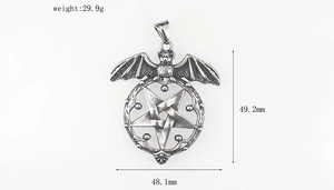 Detailed view of vintage bat pentagram pendant with dimensions 48.1mm by 49.2mm