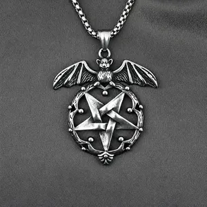Gothic Bat Pentagram Pendant Necklace Stainless Steel Vintage Jewelry For Halloween Party Men Women Gift Accessories