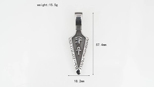 Detailed size specifications of an Egyptian arrowhead pendant with Horus eye and Ankh symbols