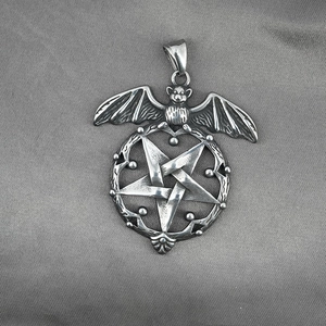 Gothic bat and pentagram necklace in vintage stainless steel finish for men