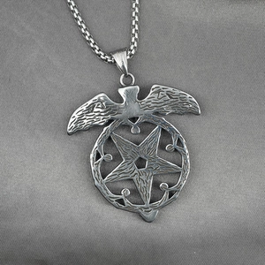 Vintage stainless steel eagle and pentagram star pendant with a square link chain
