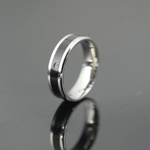 Minimalist black brushed center titanium steel ring with polished silver edges