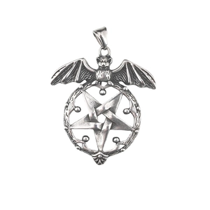 Retro gothic bat and pentagram necklace pendant in oxidized stainless steel