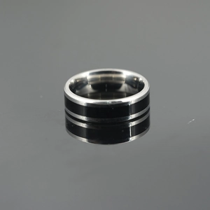 Minimalist wide band titanium steel ring featuring black center inlay and mirror finish