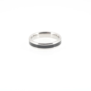 Minimalist silver stainless steel ring with a central black band on white background