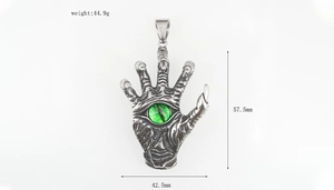Detailed view of evil eye hand pendant with measurements and 44.9g weight info