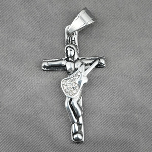 Pendentif guitare croix argenté vintage avec strass et gravure JH pour hommes