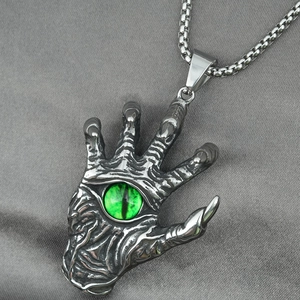 Gothic evil eye palm pendant in retro silver finish with a green stone on box chain
