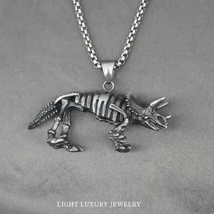 Retro Stainless Steel Triceratops Dinosaur Skeleton Pendant Necklace For Men Women Punk Gothic Jewelry Antique Silver Finish