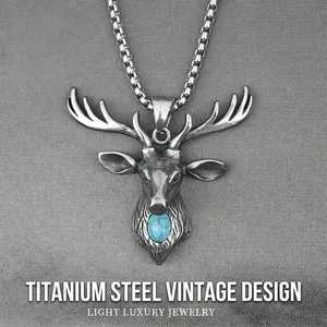 Collier Pendentif Tête de Cerf en Acier Inoxydable Rétro Avec Turquoise Synthétique Chaîne Vénitienne Argent Antique Bijoux Cadeau