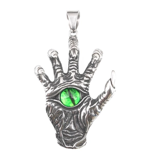 Vintage punk devil's hand pendant necklace with green evil eye in stainless steel