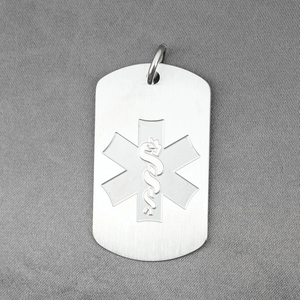 Polished silver medical alert dog tag necklace with engraved star of life symbol
