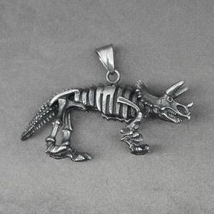 Retro titanium steel triceratops skull pendant necklace with vintage dinosaur skeleton charm