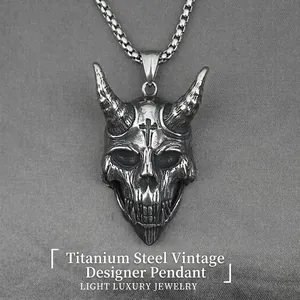 Vintage Gothic Demon Horned Skull Pendant Necklace For Men Titanium Steel Cross Bone Punk Rock Jewelry Hip Hop Sweater Chain