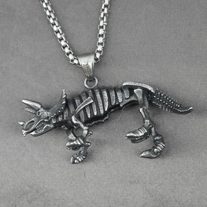 Vintage stainless steel triceratops skeleton pendant necklace with silver box chain