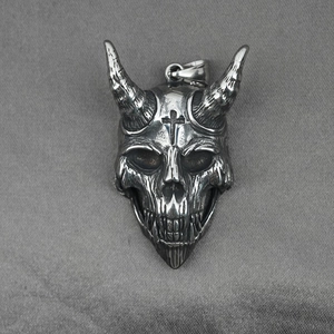 Gothic titanium steel skull necklace with devil horns and cross pendant for men