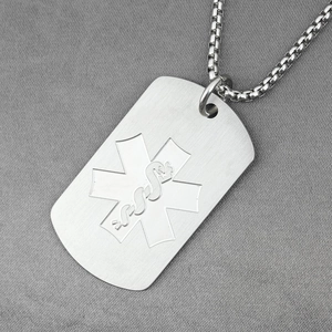 Star of Life medical alert pendant necklace with brushed stainless steel finish and box chain