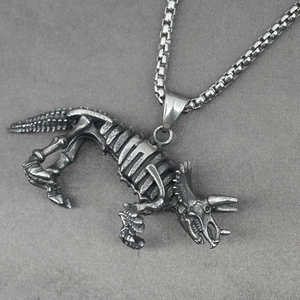 Vintage silver triceratops skeleton pendant necklace with stainless steel box chain