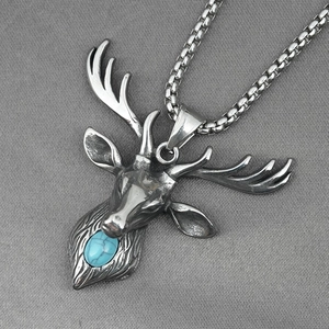 Collier rétro avec pendentif tête de cerf en acier inoxydable et pierre turquoise