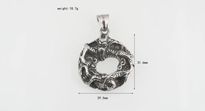 Vue détaillée du pendentif dragon en argent avec poids de 18,7g et taille de 31,6mm