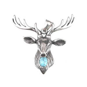 Pendentif tête de cerf vintage avec turquoise bleue sur chaîne en acier inoxydable