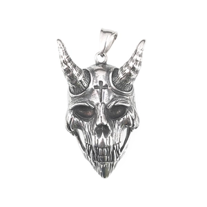 Silver devil skull pendant in titanium steel with cross engraving and punk gothic style
