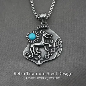 Retro Titanium Steel Wolf Shield Pendant Necklace For Men Relieved Turquoise Inlaid Geometric Niche Fashion Box Chain Jewelry