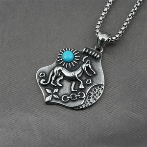 Ethnic wolf head titanium steel pendant necklace with turquoise stone and box chain