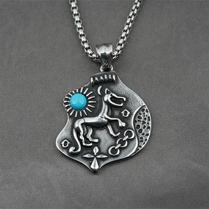Titanium steel dog pendant necklace with turquoise inlay on a square box chain