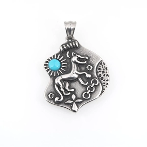 Retro titanium steel necklace featuring a vintage dog pendant with a turquoise stone inlay