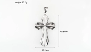 Macro view of stainless steel cross pendant with 49.8mm height and 15.2g weight details