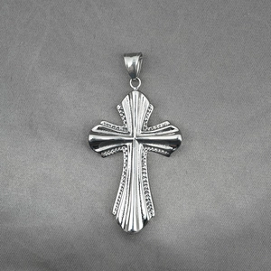Silver stainless steel cross pendant necklace with engraved radial stripes and punk style