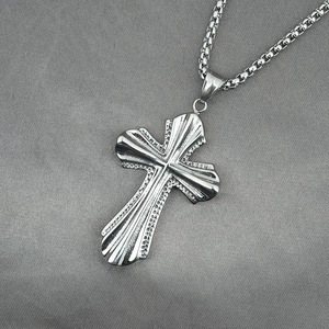 Vintage stainless steel cross pendant necklace with embossed details on box chain
