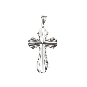 Polished silver titanium steel cross pendant with radial texture on white background