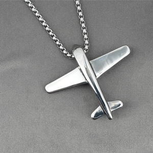Collier vintage en acier inoxydable avec pendentif avion et chaîne box pour homme