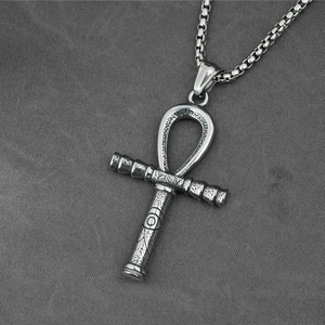 Vintage-Ankh-Kreuz-Halskette aus Edelstahl mit Auge des Horus und geprägter Box-Kette