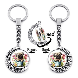 Porte-clés Rotatif Chien Carlin Lune Alliage de Zinc Argent Verre Cabochon Lune Tournante Bijou de Sac Cadeau Mignon