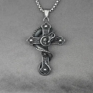 Vintage Gothic Dragon Cross Pendant Necklace For Men Titanium Steel Skull Skeleton Punk Hip Hop Retro Jewelry Gift