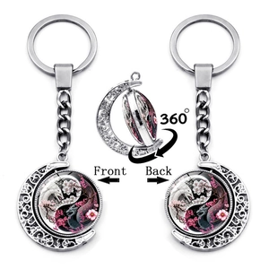 Double Sided Rotating Moon Dragon Yin Yang Tai Chi Keychain Zinc Alloy Glass Cabochon Sakura Flower Pattern Bag Charm
