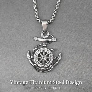 Vintage Titanium Steel Anchor Rudder Pendant Necklace With Rhinestone Inlay Nautical Men Women Jewelry Distressed Silver Finish
